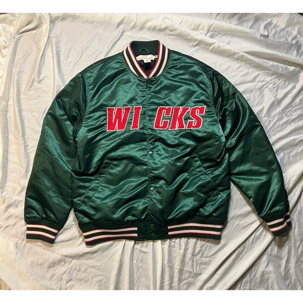 Vintage H&M Satin Bomber Loggs Green Red “Wicks” Varsity Jacket